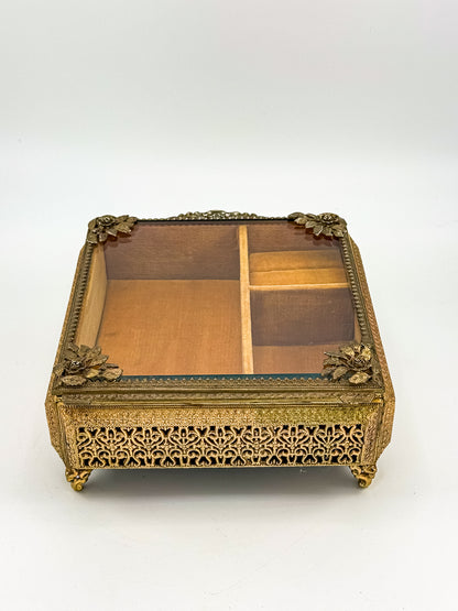 Vintage Gold Filigree Vanity Jewelry Casket with Beveled Glass Lid and Ring Roll, 1950s
