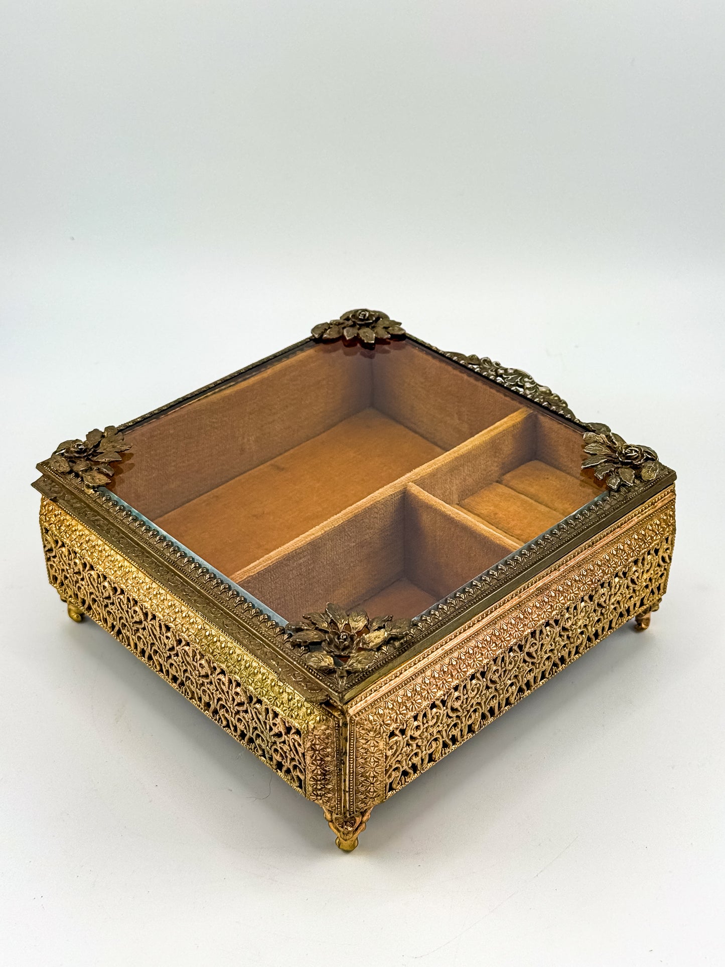 Vintage Gold Filigree Vanity Jewelry Casket with Beveled Glass Lid and Ring Roll, 1950s