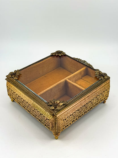 Vintage Gold Filigree Vanity Jewelry Casket with Beveled Glass Lid and Ring Roll, 1950s