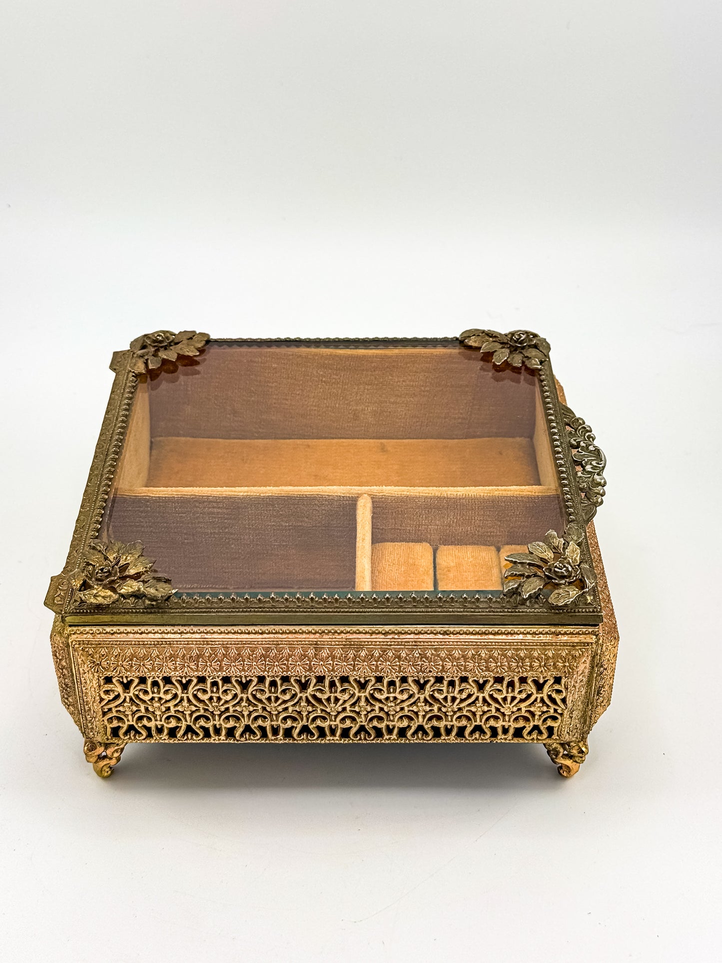 Vintage Gold Filigree Vanity Jewelry Casket with Beveled Glass Lid and Ring Roll, 1950s