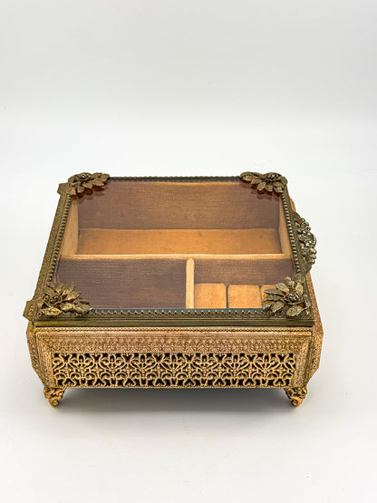 Vintage Gold Filigree Vanity Jewelry Casket with Beveled Glass Lid and Ring Roll, 1950s