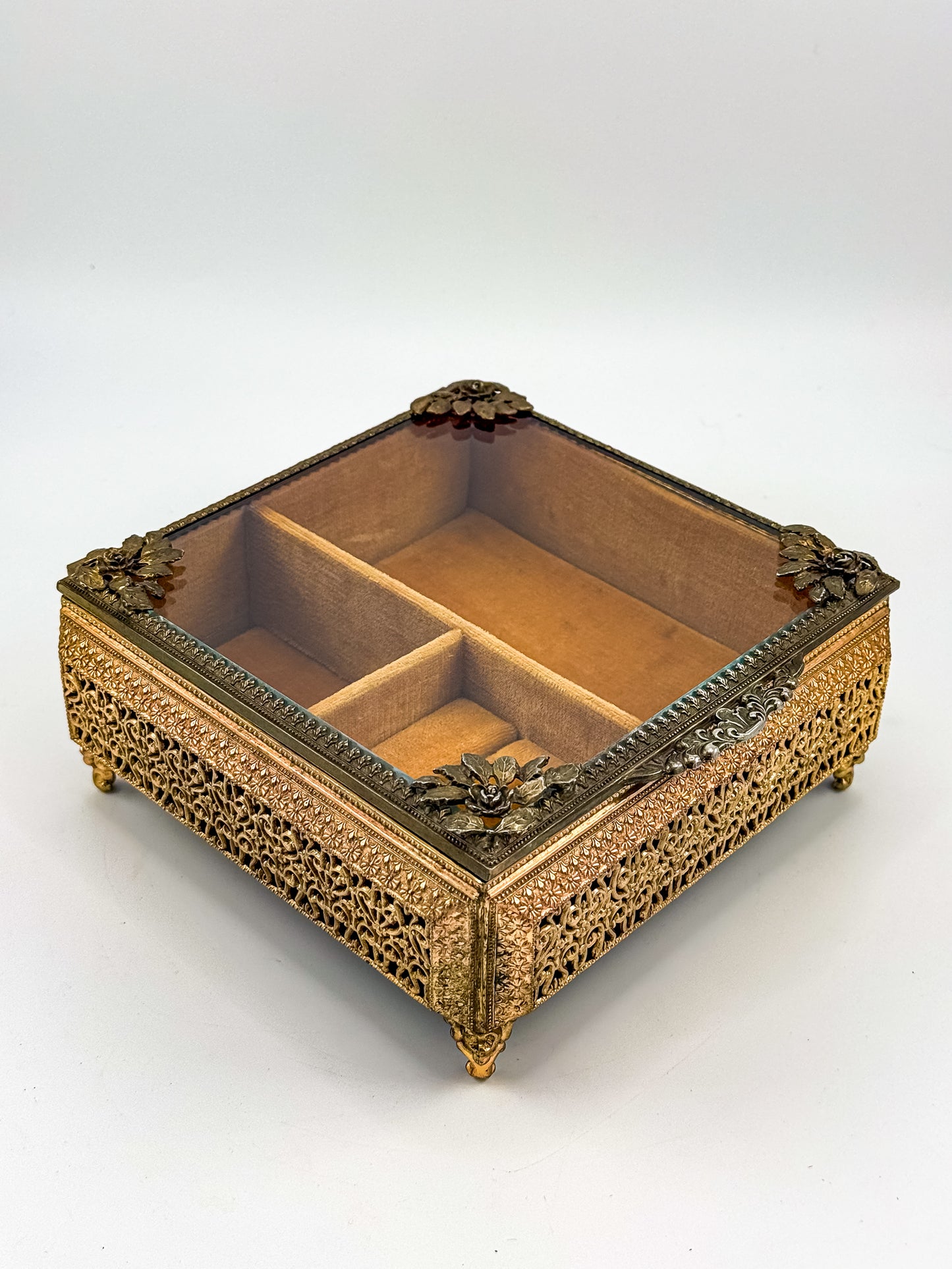 Vintage Gold Filigree Vanity Jewelry Casket with Beveled Glass Lid and Ring Roll, 1950s