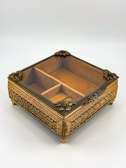 Vintage Gold Filigree Vanity Jewelry Casket with Beveled Glass Lid and Ring Roll, 1950s