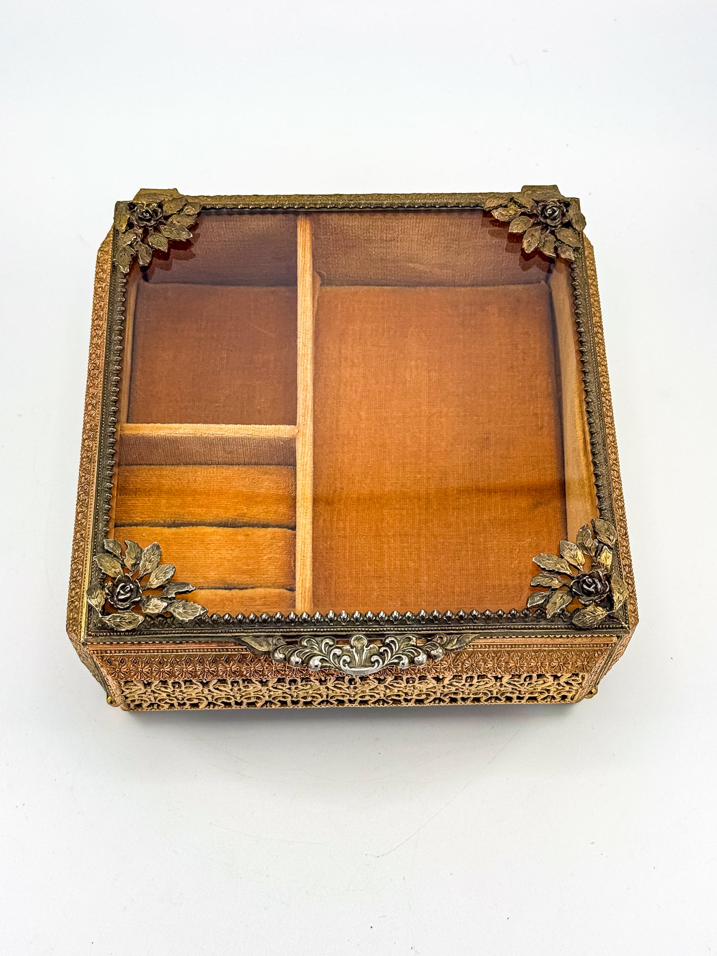 Vintage Gold Filigree Vanity Jewelry Casket with Beveled Glass Lid and Ring Roll, 1950s