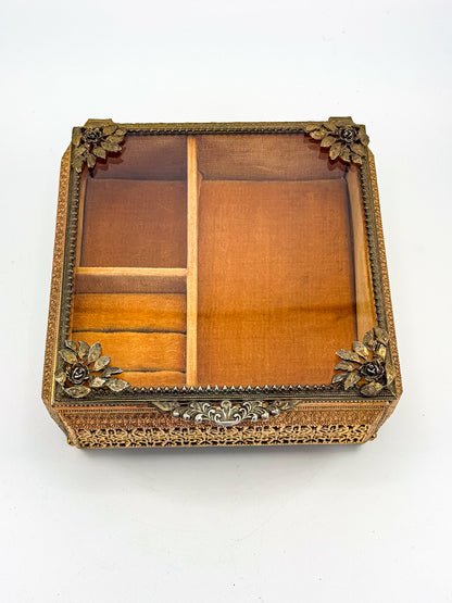 Vintage Gold Filigree Vanity Jewelry Casket with Beveled Glass Lid and Ring Roll, 1950s