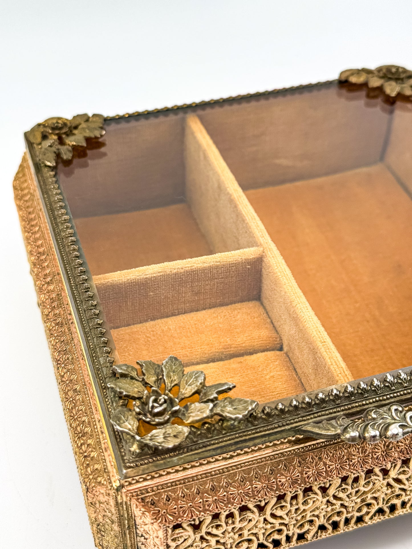 Vintage Gold Filigree Vanity Jewelry Casket with Beveled Glass Lid and Ring Roll, 1950s