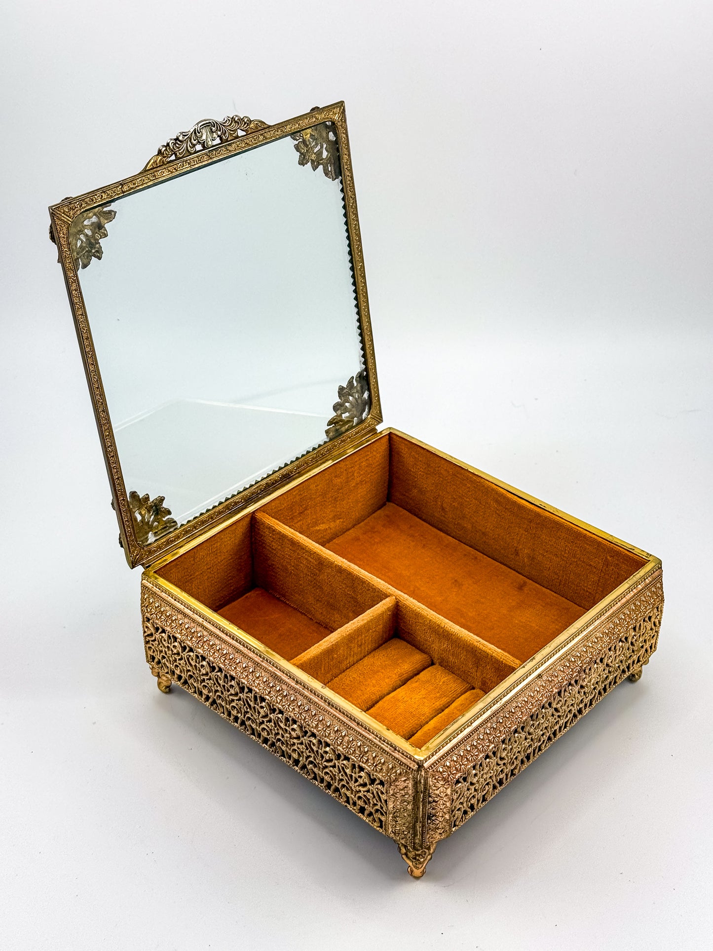 Vintage Gold Filigree Vanity Jewelry Casket with Beveled Glass Lid and Ring Roll, 1950s