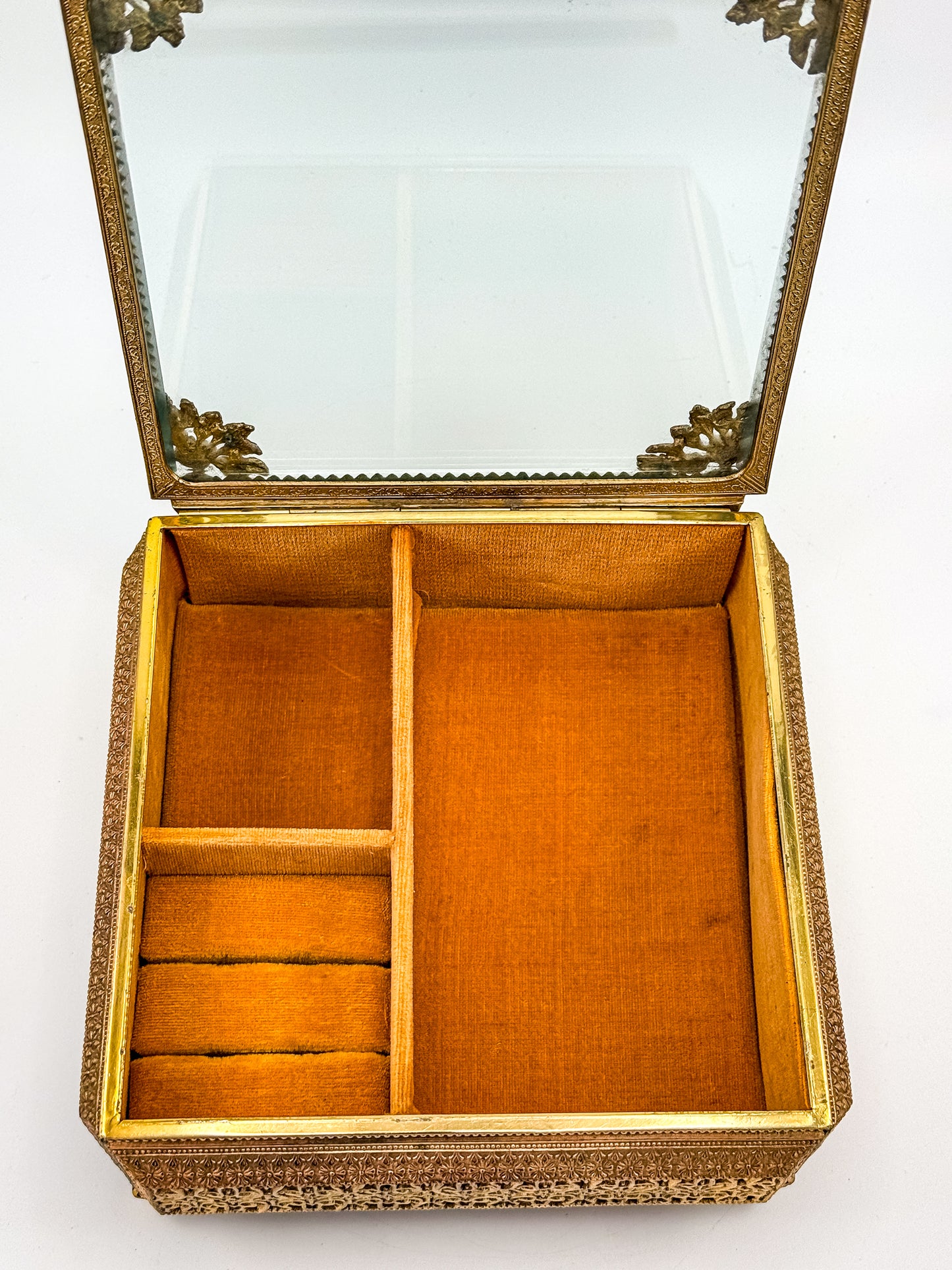 Vintage Gold Filigree Vanity Jewelry Casket with Beveled Glass Lid and Ring Roll, 1950s
