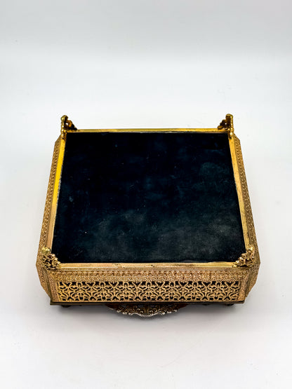 Vintage Gold Filigree Vanity Jewelry Casket with Beveled Glass Lid and Ring Roll, 1950s