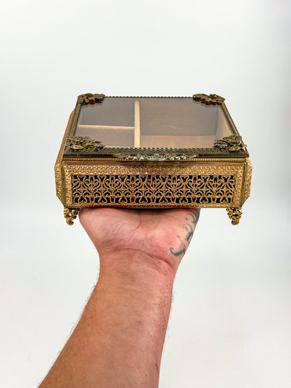 Vintage Gold Filigree Vanity Jewelry Casket with Beveled Glass Lid and Ring Roll, 1950s