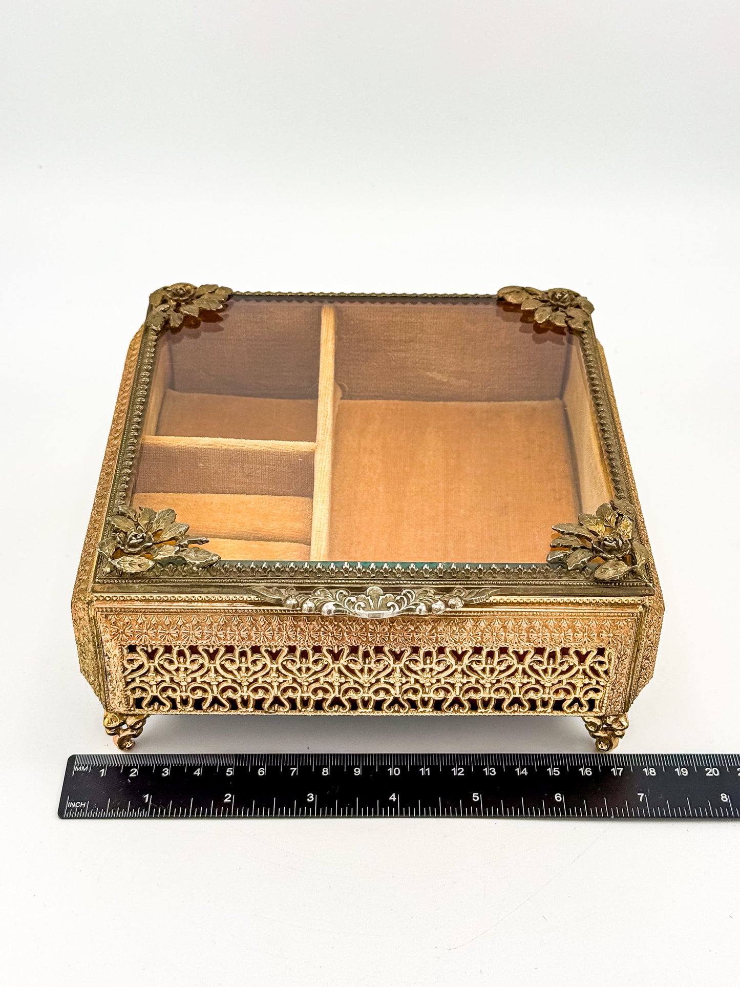 Vintage Gold Filigree Vanity Jewelry Casket with Beveled Glass Lid and Ring Roll, 1950s