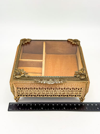 Vintage Gold Filigree Vanity Jewelry Casket with Beveled Glass Lid and Ring Roll, 1950s
