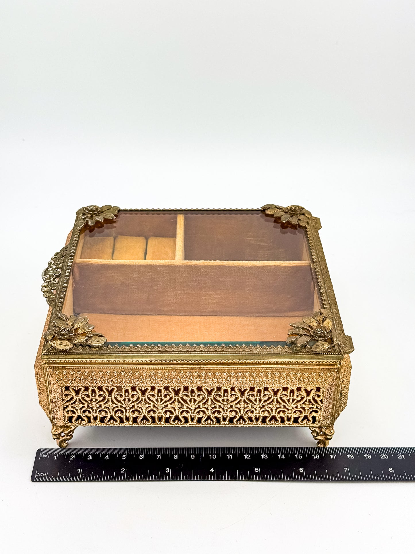 Vintage Gold Filigree Vanity Jewelry Casket with Beveled Glass Lid and Ring Roll, 1950s