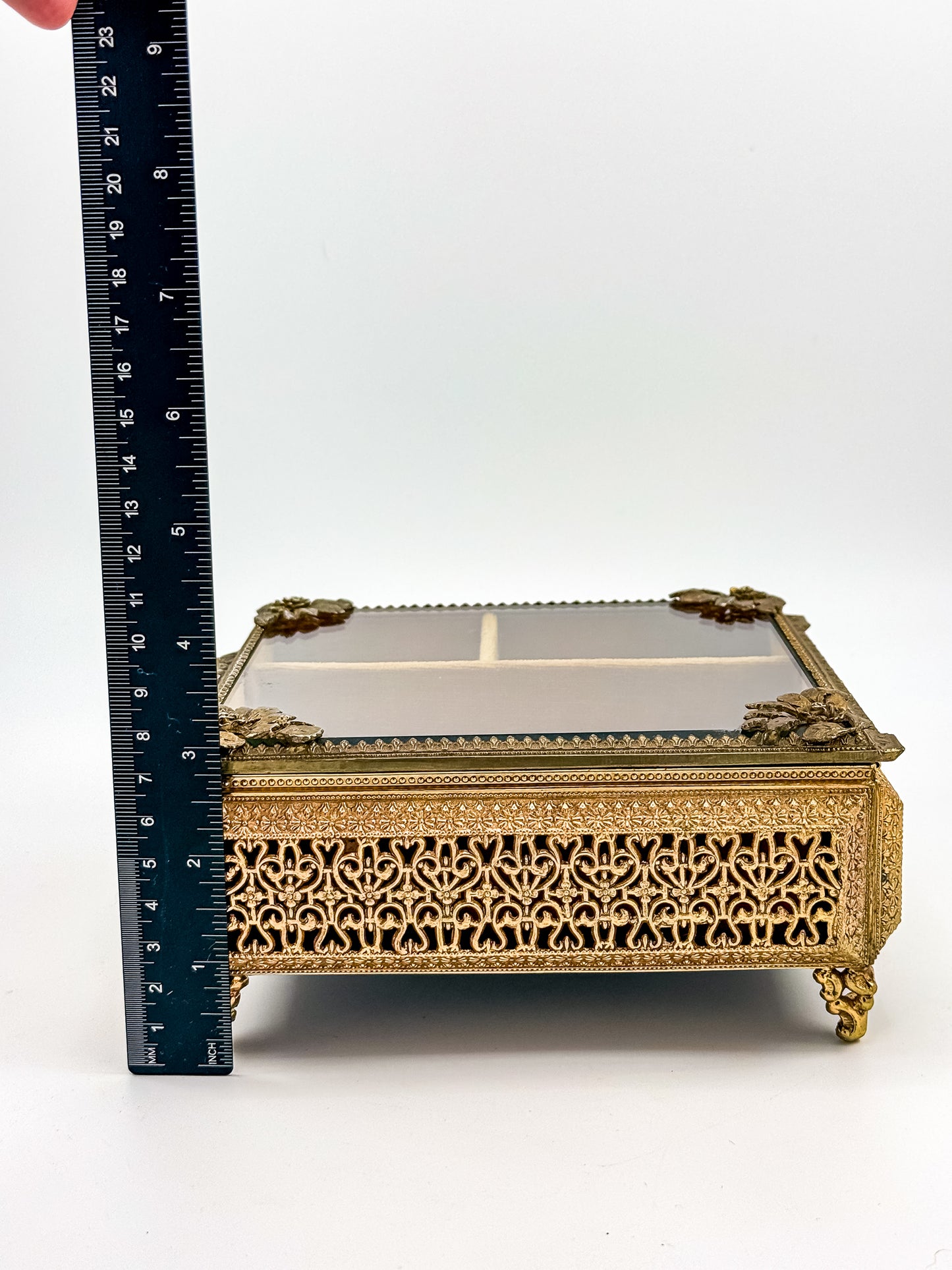 Vintage Gold Filigree Vanity Jewelry Casket with Beveled Glass Lid and Ring Roll, 1950s
