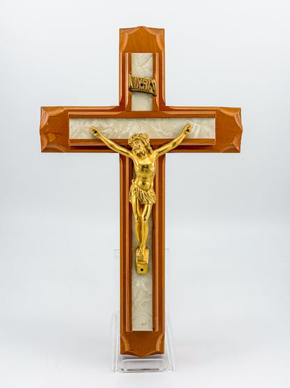 Vintage Sick Call Last Rites Crucifix with Hidden Compartment and Faux Pearl Panels, 12 Inches