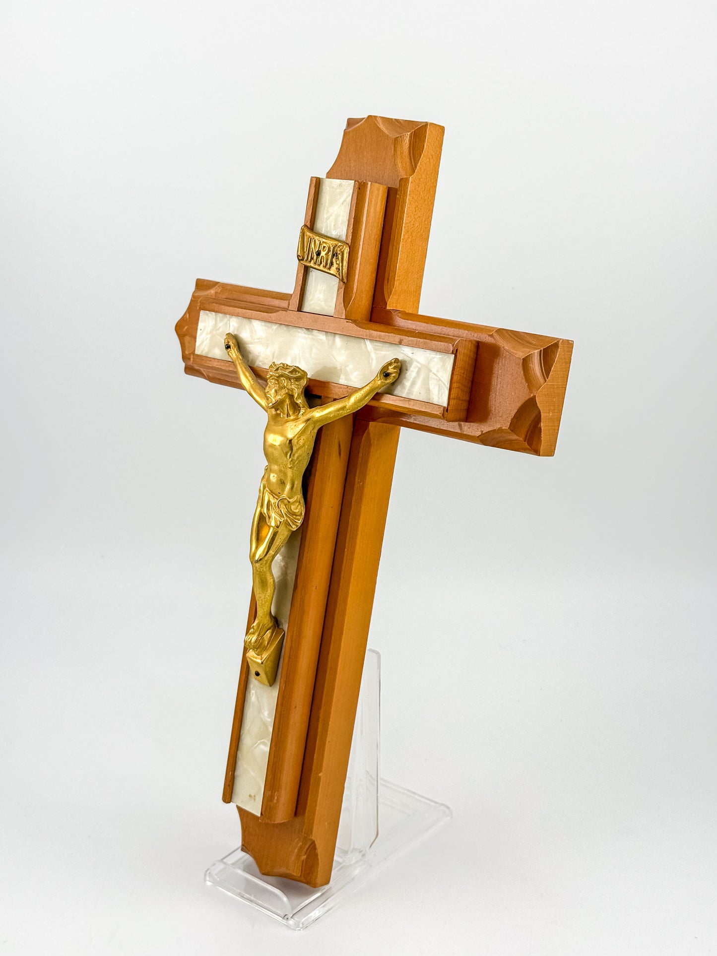 Vintage Sick Call Last Rites Crucifix with Hidden Compartment and Faux Pearl Panels, 12 Inches