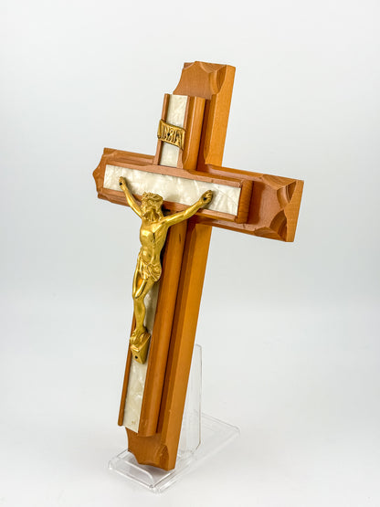 Vintage Sick Call Last Rites Crucifix with Hidden Compartment and Faux Pearl Panels, 12 Inches