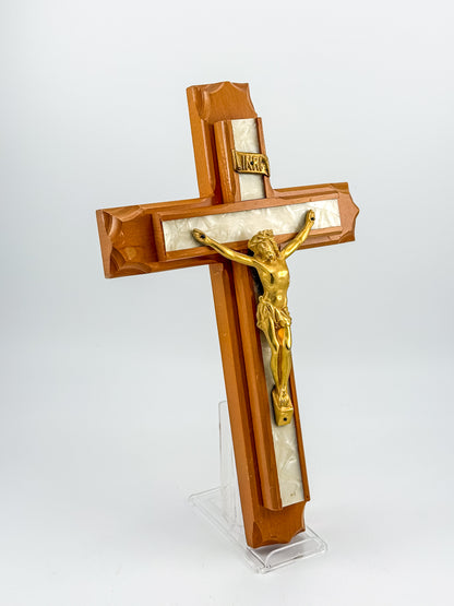 Vintage Sick Call Last Rites Crucifix with Hidden Compartment and Faux Pearl Panels, 12 Inches