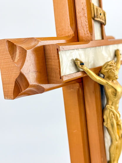 Vintage Sick Call Last Rites Crucifix with Hidden Compartment and Faux Pearl Panels, 12 Inches