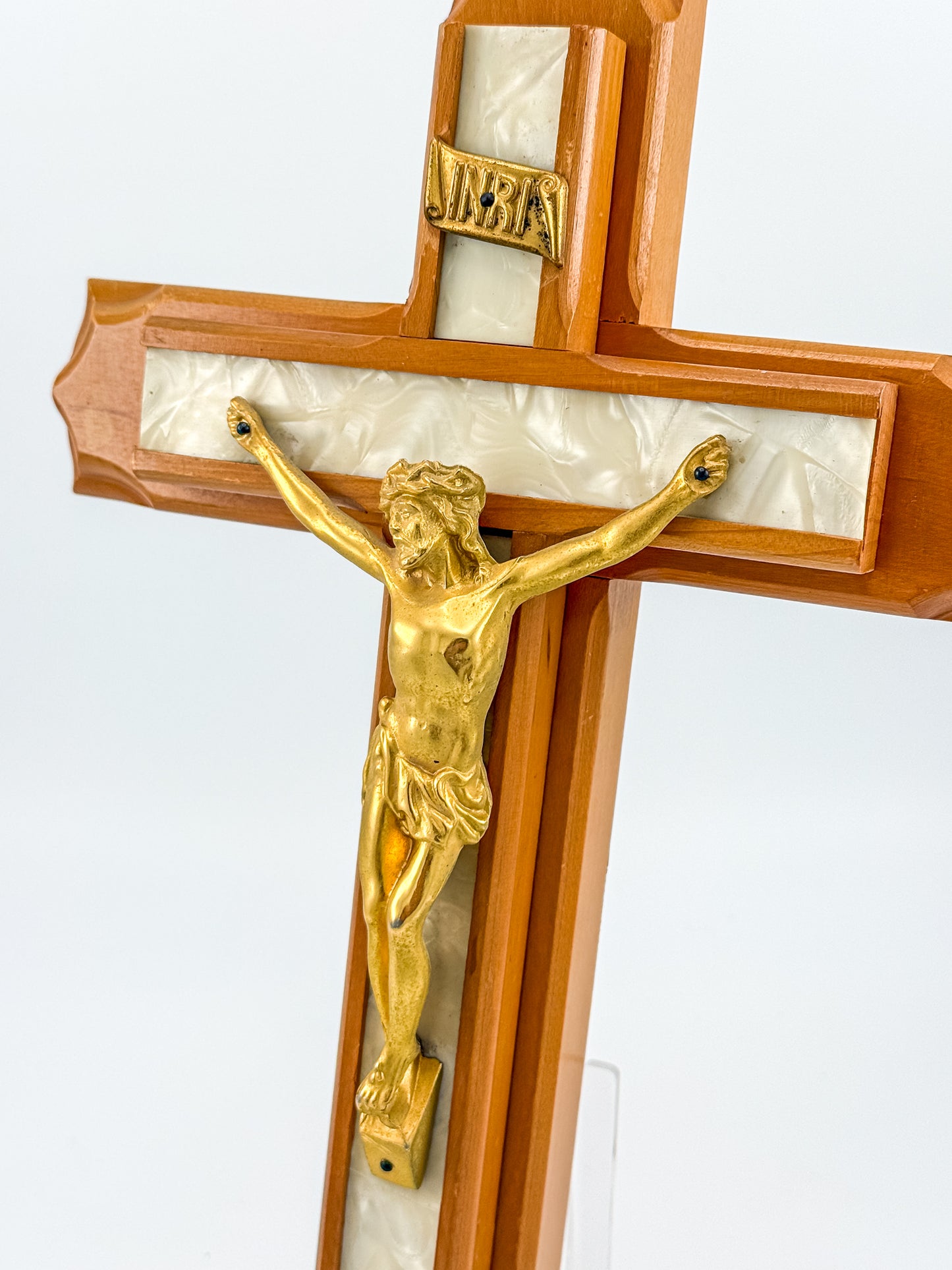 Vintage Sick Call Last Rites Crucifix with Hidden Compartment and Faux Pearl Panels, 12 Inches