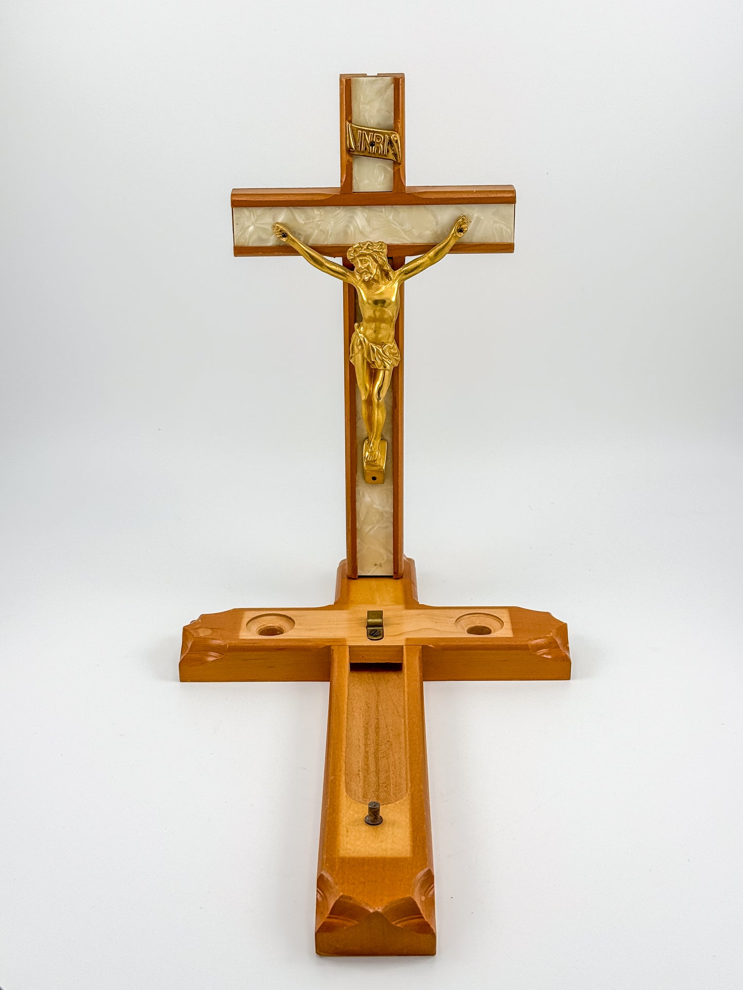 Vintage Sick Call Last Rites Crucifix with Hidden Compartment and Faux Pearl Panels, 12 Inches