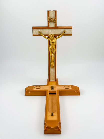 Vintage Sick Call Last Rites Crucifix with Hidden Compartment and Faux Pearl Panels, 12 Inches