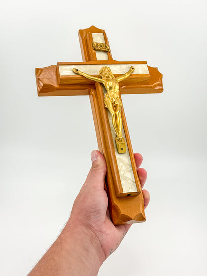 Vintage Sick Call Last Rites Crucifix with Hidden Compartment and Faux Pearl Panels, 12 Inches