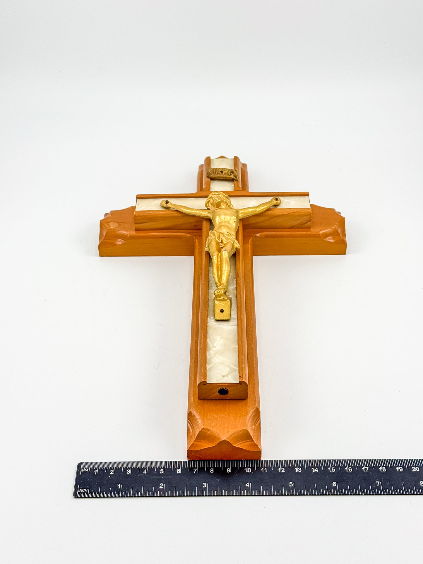 Vintage Sick Call Last Rites Crucifix with Hidden Compartment and Faux Pearl Panels, 12 Inches