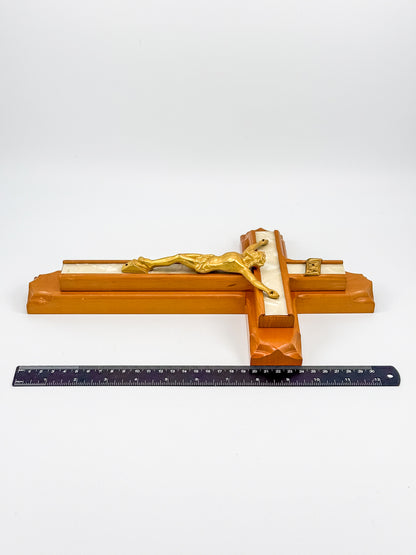 Vintage Sick Call Last Rites Crucifix with Hidden Compartment and Faux Pearl Panels, 12 Inches
