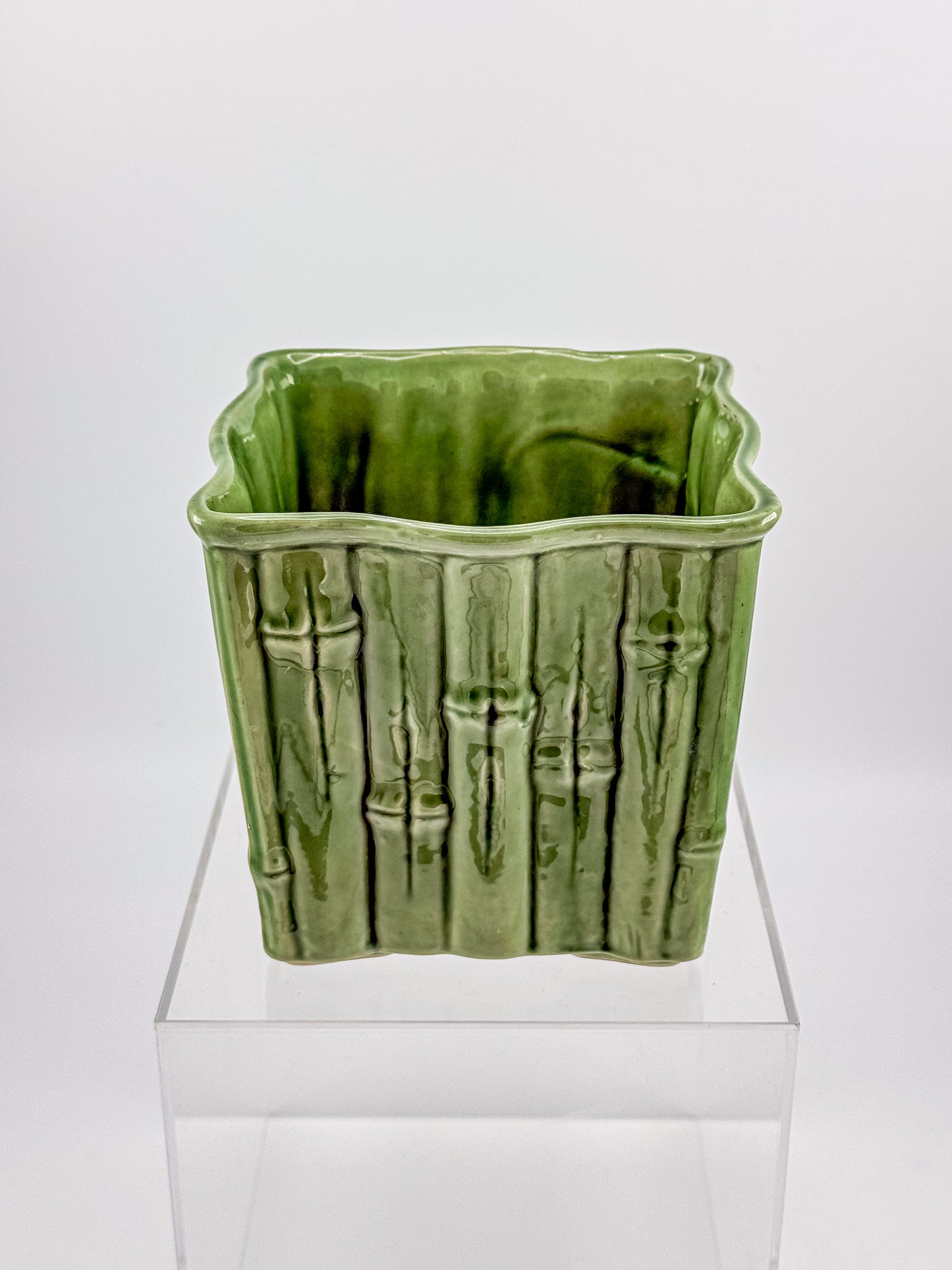Shawnee Pottery Bamboo Jardiniere Planter in Celadon Green, Square Vase Stamped USA 4055