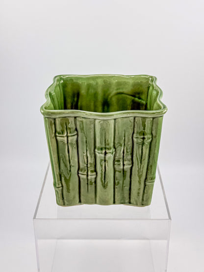 Shawnee Pottery Bamboo Jardiniere Planter in Celadon Green, Square Vase Stamped USA 4055
