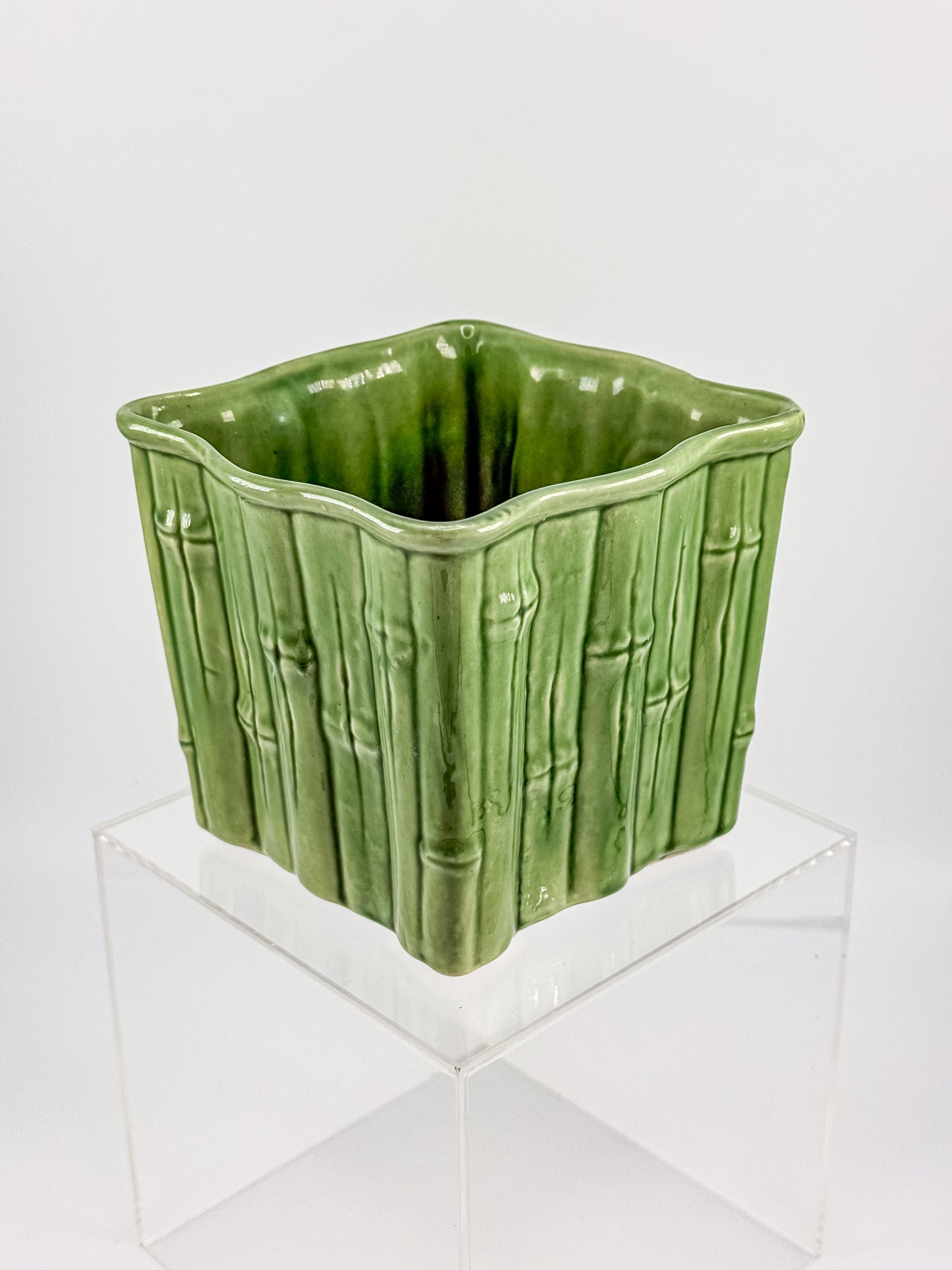 Shawnee Pottery Bamboo Jardiniere Planter in Celadon Green, Square Vase Stamped USA 4055