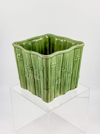Shawnee Pottery Bamboo Jardiniere Planter in Celadon Green, Square Vase Stamped USA 4055