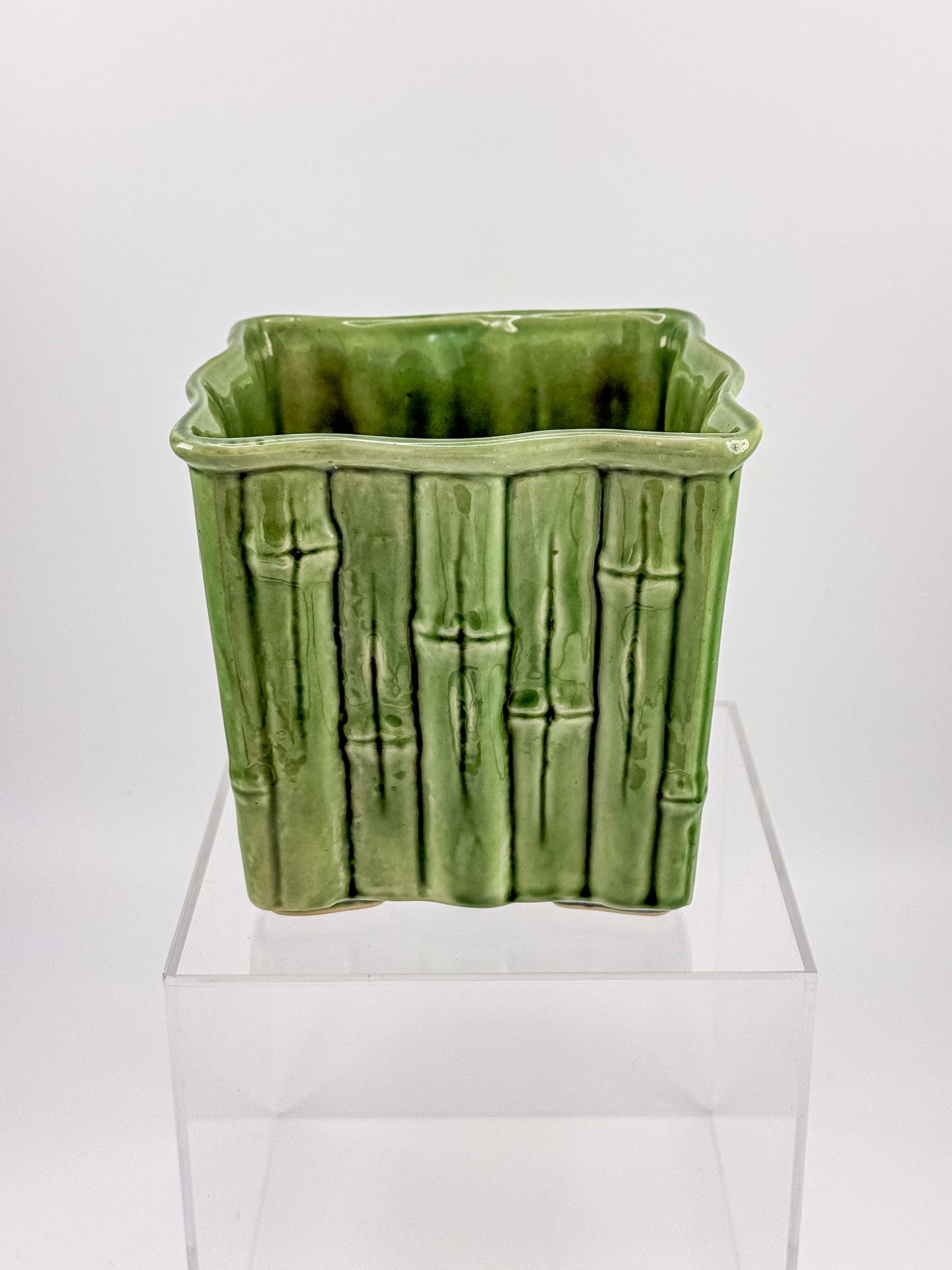 Shawnee Pottery Bamboo Jardiniere Planter in Celadon Green, Square Vase Stamped USA 4055