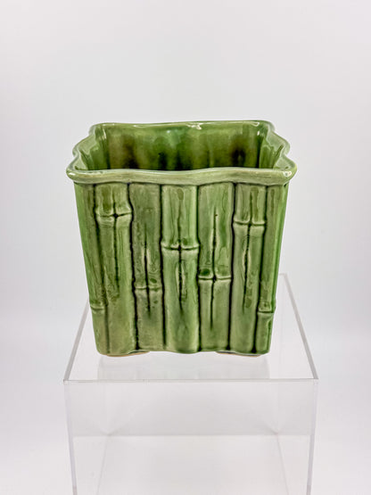 Shawnee Pottery Bamboo Jardiniere Planter in Celadon Green, Square Vase Stamped USA 4055