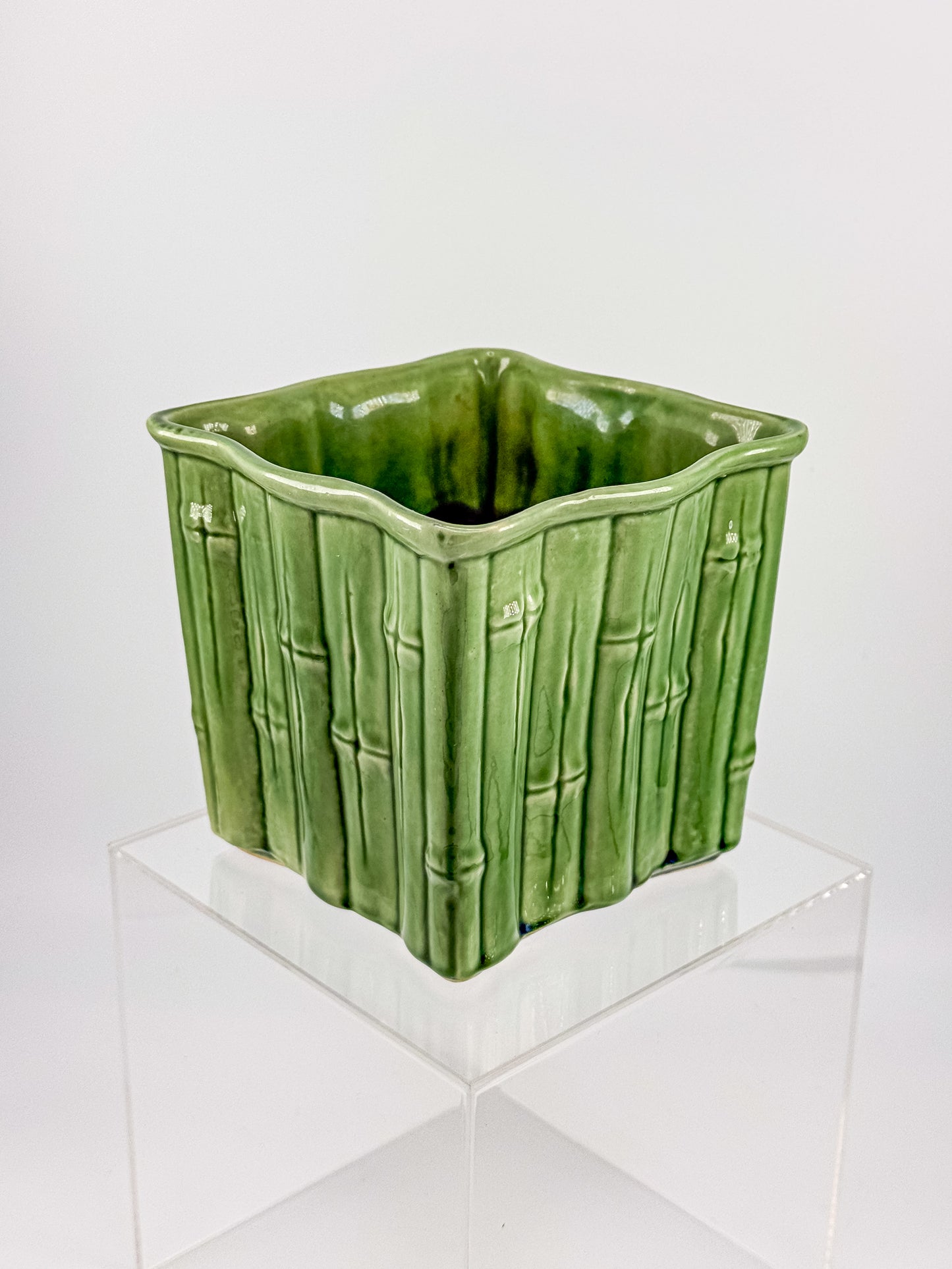 Shawnee Pottery Bamboo Jardiniere Planter in Celadon Green, Square Vase Stamped USA 4055