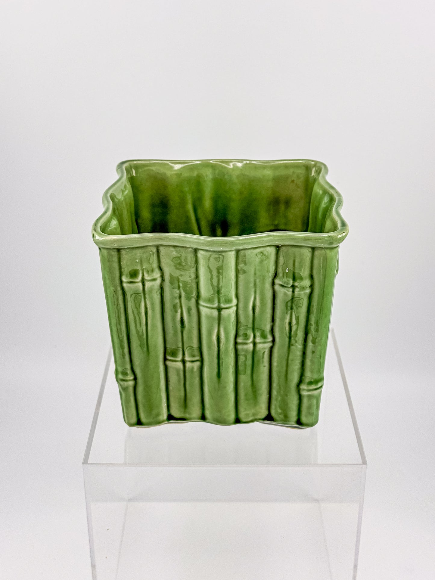 Shawnee Pottery Bamboo Jardiniere Planter in Celadon Green, Square Vase Stamped USA 4055