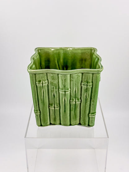 Shawnee Pottery Bamboo Jardiniere Planter in Celadon Green, Square Vase Stamped USA 4055