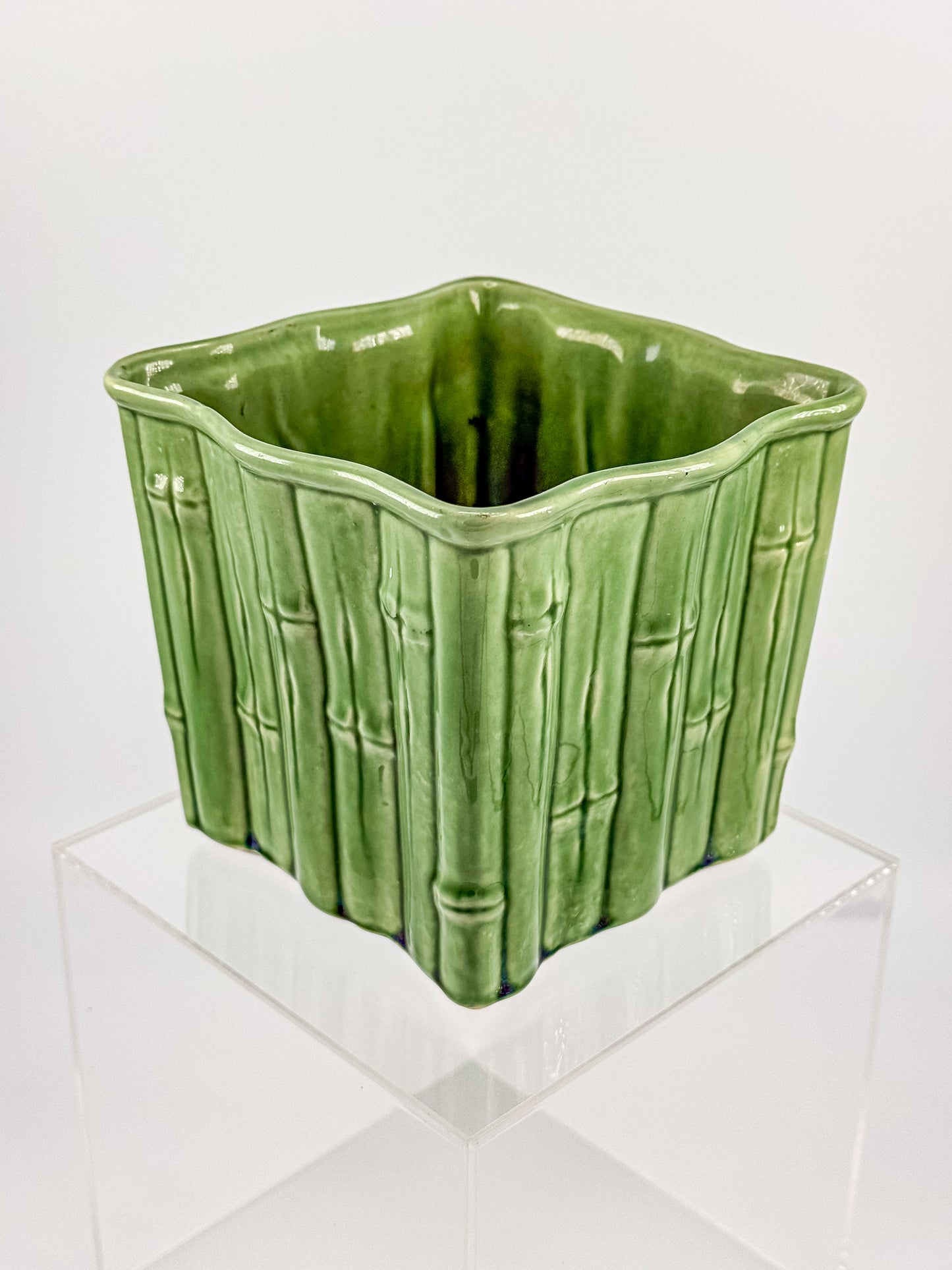 Shawnee Pottery Bamboo Jardiniere Planter in Celadon Green, Square Vase Stamped USA 4055