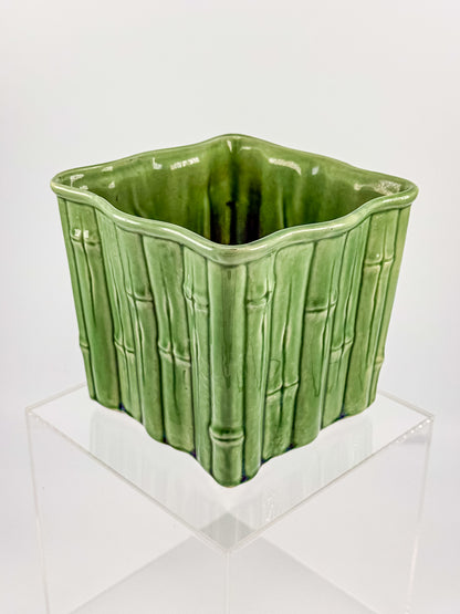 Shawnee Pottery Bamboo Jardiniere Planter in Celadon Green, Square Vase Stamped USA 4055