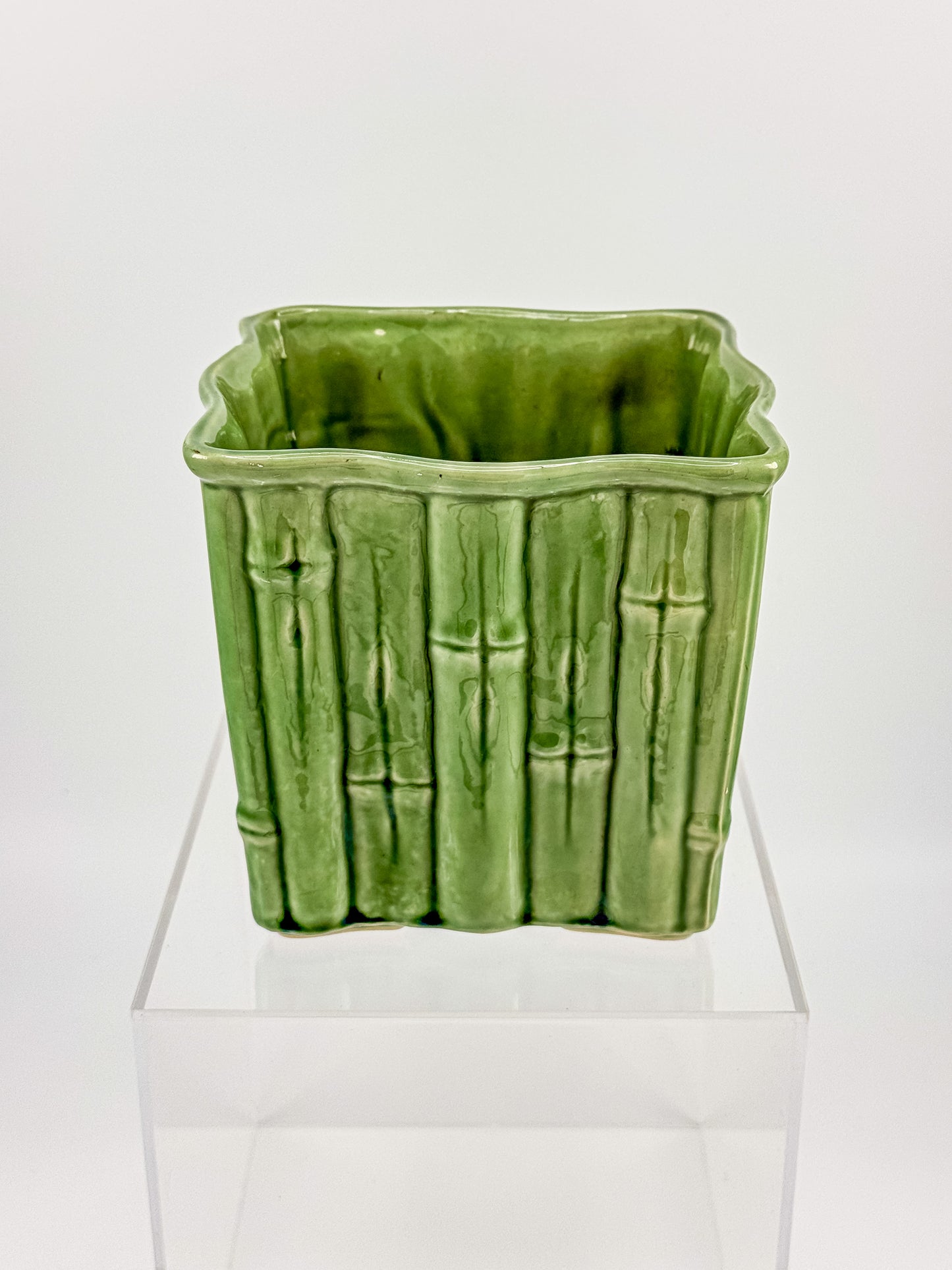Shawnee Pottery Bamboo Jardiniere Planter in Celadon Green, Square Vase Stamped USA 4055