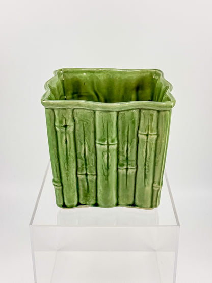 Shawnee Pottery Bamboo Jardiniere Planter in Celadon Green, Square Vase Stamped USA 4055