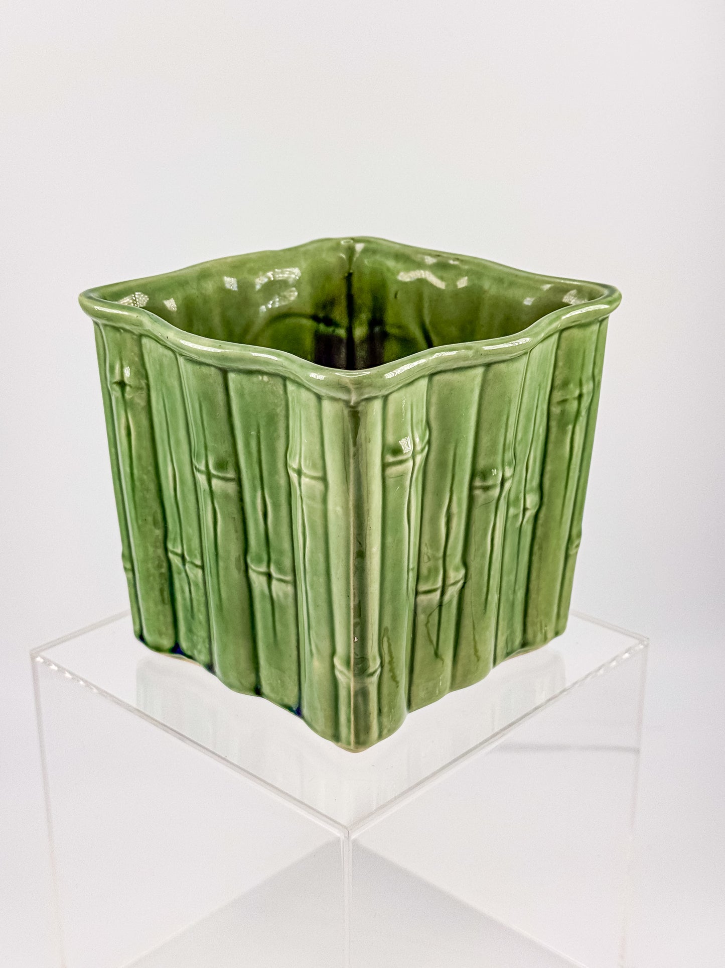 Shawnee Pottery Bamboo Jardiniere Planter in Celadon Green, Square Vase Stamped USA 4055