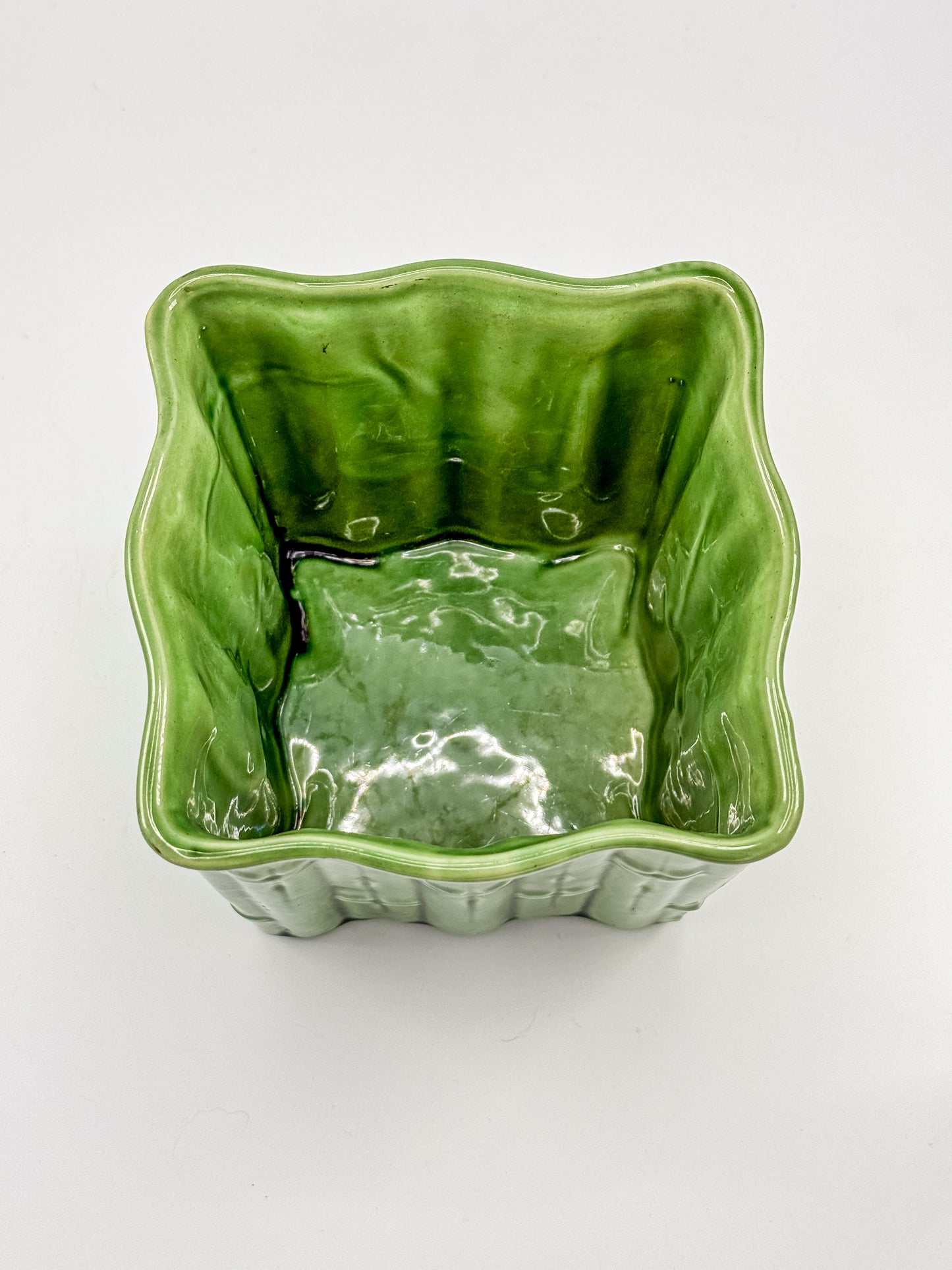 Shawnee Pottery Bamboo Jardiniere Planter in Celadon Green, Square Vase Stamped USA 4055