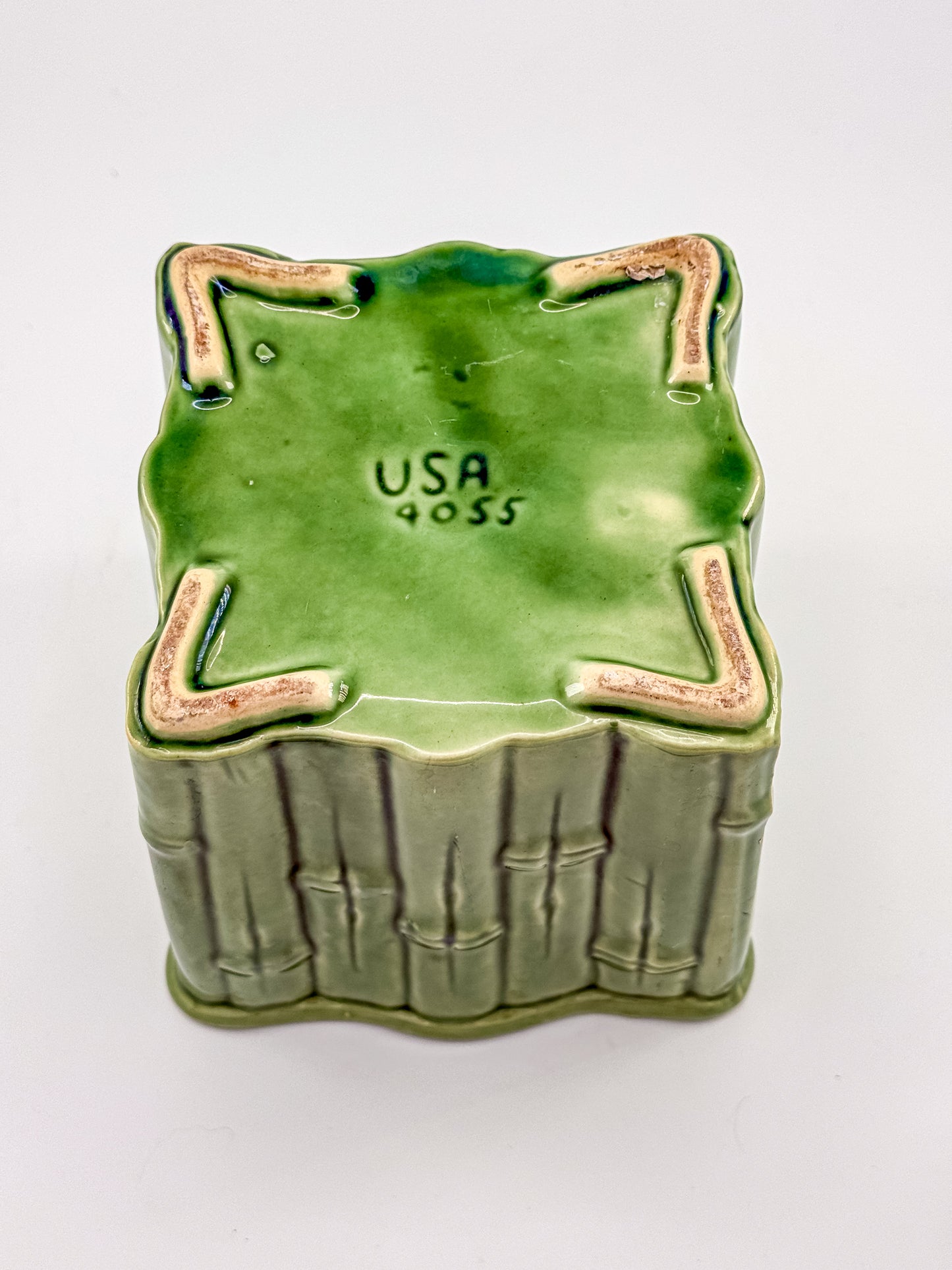 Shawnee Pottery Bamboo Jardiniere Planter in Celadon Green, Square Vase Stamped USA 4055
