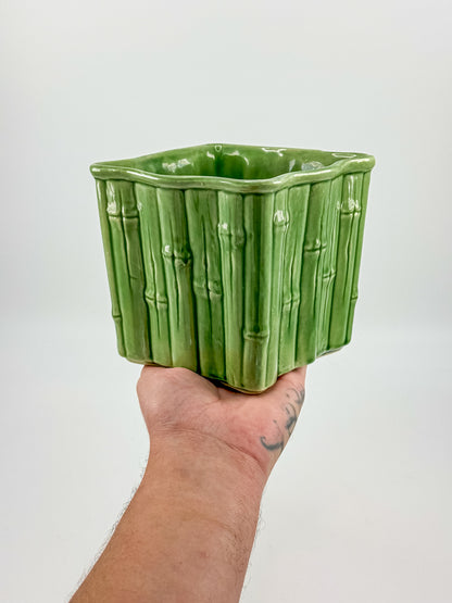 Shawnee Pottery Bamboo Jardiniere Planter in Celadon Green, Square Vase Stamped USA 4055