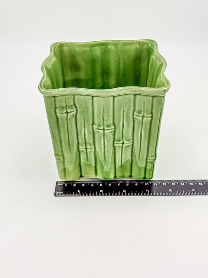 Shawnee Pottery Bamboo Jardiniere Planter in Celadon Green, Square Vase Stamped USA 4055