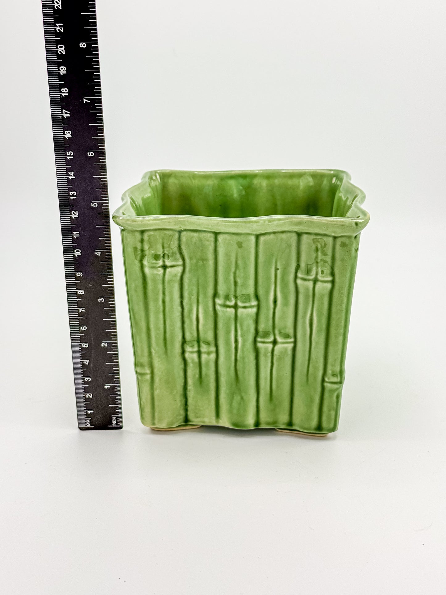 Shawnee Pottery Bamboo Jardiniere Planter in Celadon Green, Square Vase Stamped USA 4055