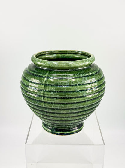 Vintage Hull Pottery Green Ribbed Beehive Urn Vase No. 419, Mid Century USA Ceramic Planter