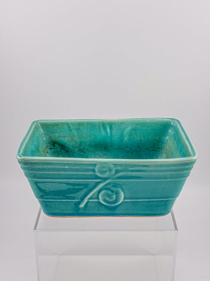 Vintage 1940s–50s Aqua Crackle Glaze Rectangular Ceramic Planter with Raised Scroll Design, Unmarked USA Art Pottery